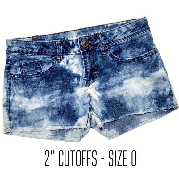 Lauren Conrad Denim Cutoffs sz 0 Jean Shorts Tie Dye 2" upcycled bleach - Picture 1 of 4